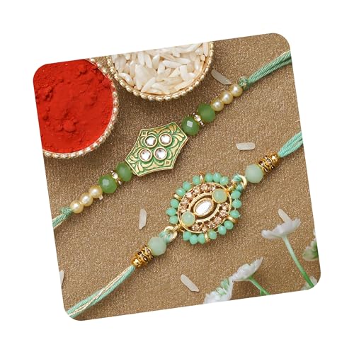 Image of eCraftIndia Unisex Adult Set Of 2 Peacock Feather And Floral Designer Rakhis For Brothers With Roli Chawal