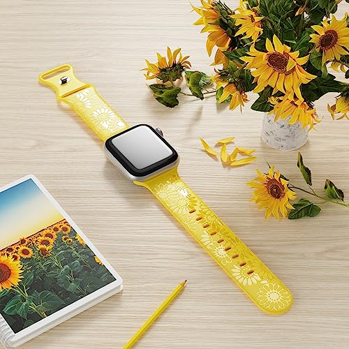 Image of Sunflower Engraved Band Compatible with Apple Watch Bands 38mm 40mm 41mm 42mm 44mm 45mm 49mm Women, Designer Soft Glossy Floral Silicone Strap for iWatch Series Ultra 11 10 9 8 7 6 SE 5 4 3 2 1