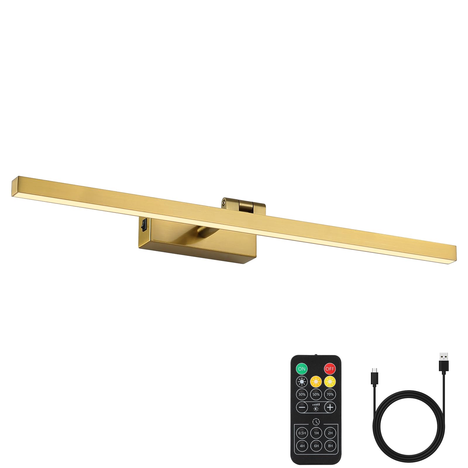 joosenhouse battery operated picture light, wireless gallery light with remote control and dimmable timer off function, rechargeable painting art light, 23.23 inch brass wall sconce