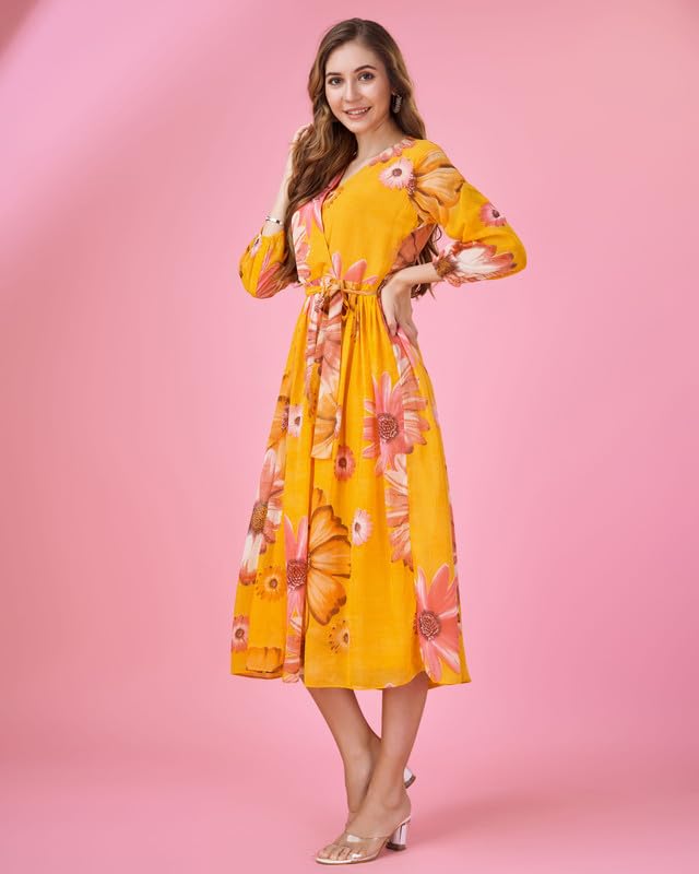 Image of MOJILAA Women's Georgette Floral Printed Gathered Dress