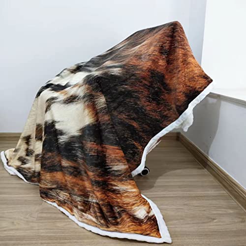 Cow Skin Print Cowhide Throw Blanket All Season Brown Black Flannal Plush Warm Animal Skin Blankets Lightweight Soft Fuzzy Throws Blanket For Bed Sofa Couch Travel 80"X60" #TOP6