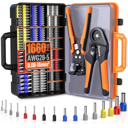 Preciva Sechskant Crimpzange Set, 0,08-16mm² Aderendhülsen Set, Kompatibel mit 1660 Einrohrklemmen,Selbsteinstellend Crimpzangen Aderendhülsenzange Krimpzange Presszange Elektrowerkzeug Set