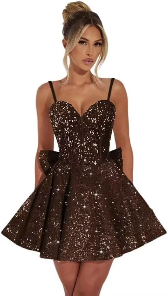 Sparkly Sequin Homecoming Dresses A Line Spaghetti Straps Short Prom Dress with Bow Sweetheart Neck Evening Ball Gown