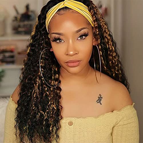 Highlight Headband Wig Human Hair Curly 1B/27 Blonde Headband Wigs for Black Women Glueless Colored Deep Wave Human Hair Wig 16inch 150% Density