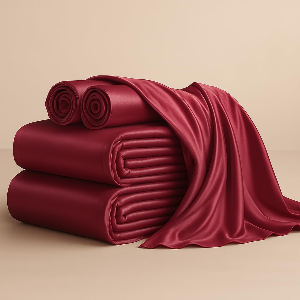 jaycorner Sheet Set 4-PCs, 6A Grade Natural Mulberry Silk, Pure Silk Bed Sheets Fits Mattress Upto 14-16' Deep Pocket (Queen, Burgundy)
