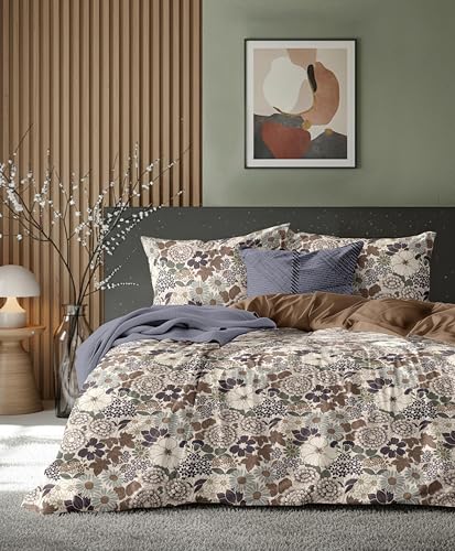 Image of Bedding Set Combo of Double Bed Duvet Cover Set with Fitted Bedsheet & 2 Pillow Covers | 300 TC Cotton Fabric | Zipper Closure |All Round Elastic|Warm Stuff|SED 050|Beige Multi Leaves | Breathable material