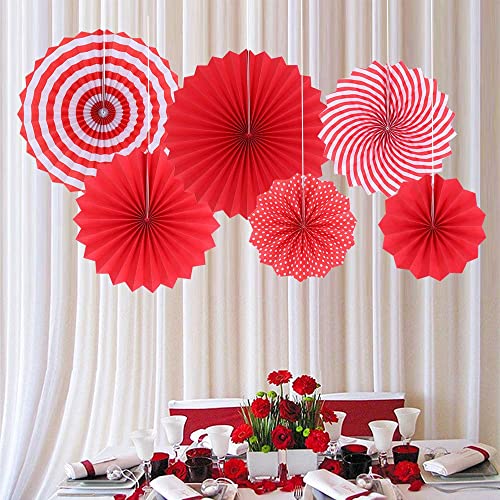 Image of 6 pcs Red Hanging Paper Fans for Birthday Anniversary Bridal Shower Baby Shower Colorful Patterns Party Fans for Party Decoration Christmas Diwali & Wedding Decor (Pack of 6, Red)