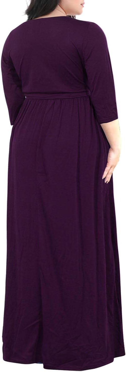Nemidor Womens Casual V-Neck 3/4 Sleeve Plus Size Long Maxi Dress with Pockets NEM170 (14, Dark Purple) - Image 2