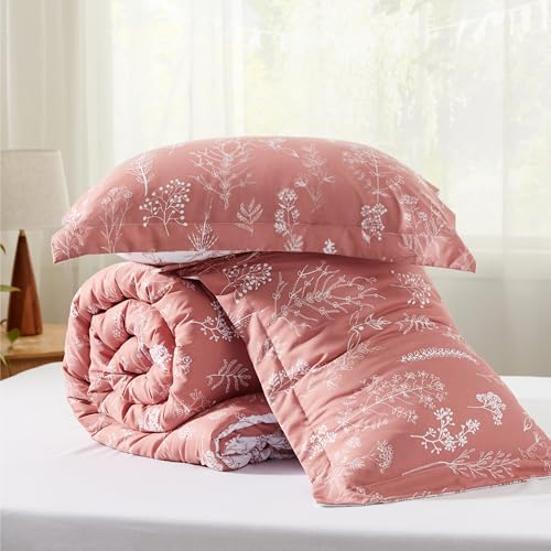 Image of Bedsure King Comforter Set - Pink Clay Bed Set, 3 Pieces Cute Floral Bedding, 1 Soft Reversible Botanical Flowers Comforter and 2 Pillow Shams
