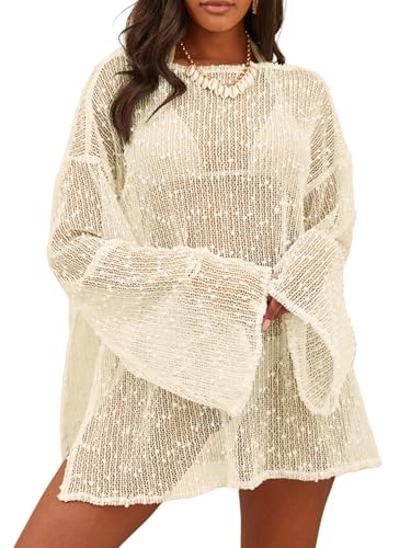 Image of Lilosy Sexy Crochet Sheer Kaftan Caftan Beach Dress Bathing Suit Swim Coverup Summer Vacation Outfits One Piece