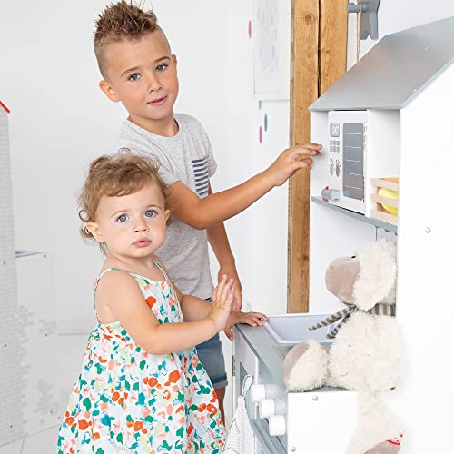 Foto von roba Kinderküche, Spielküche weiß, grau, Kinderküchenzeile mit Spüle, Wasserhahn, Mikrowelle, Herd, Grill, Herdplatten, Kühlschrank