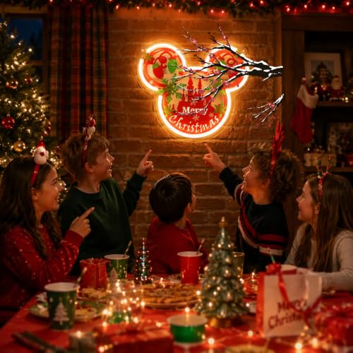 Image of Christmas Mouse Ear Neon Sign for Wall Decor - Dimmable LED Festive Castle Light with USB Power - Xmas Holiday Decoration for Home, Bedroom, Kids Room, Fireplace (11.81 inch x 9.84 inch)