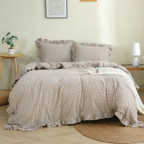 Silnuo Taupe/White Plaid Ruffle Duvet Cover Queen Size,100% Washed Cotton 3 Pcs...