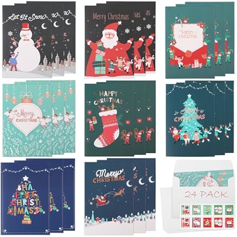 KIKISML 24 PCS Christmas Cards Assortment, Merry Christmas Greeting Cards with Envelopes and Sealing Stickers, Xmas Blank Note Cards with Santa Claus, Snowman, Christmas Tree for Family Friend Cover