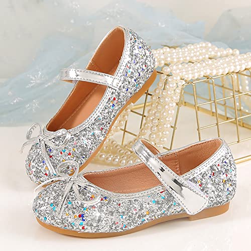 Girls Sparkly Mary Jane Shoes Bowknot Flat Kids Glitter Dress Up Princess Shoes Closed Toe Wedding Party Soft4