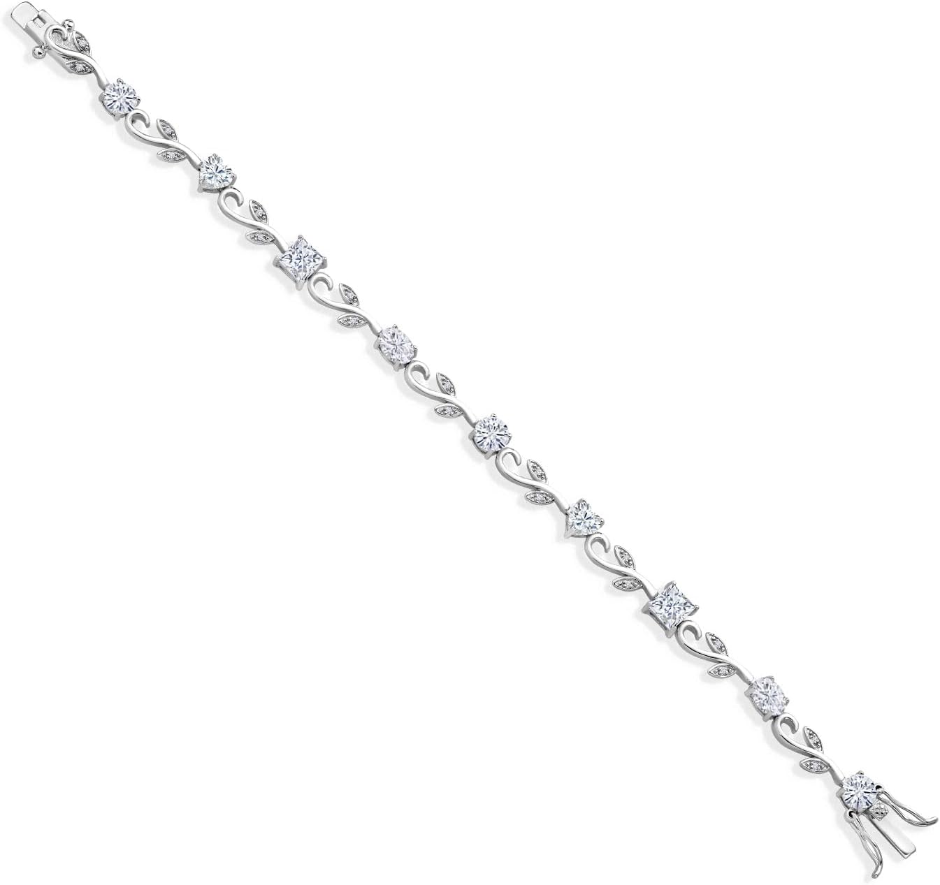 Gem Stone King 5.03 Cttw 925 Sterling Silver Round Oval Princess and Heart Shape White Moissanite Flower and Leaf Tennis Bracelet For Women | 7.25 Inch