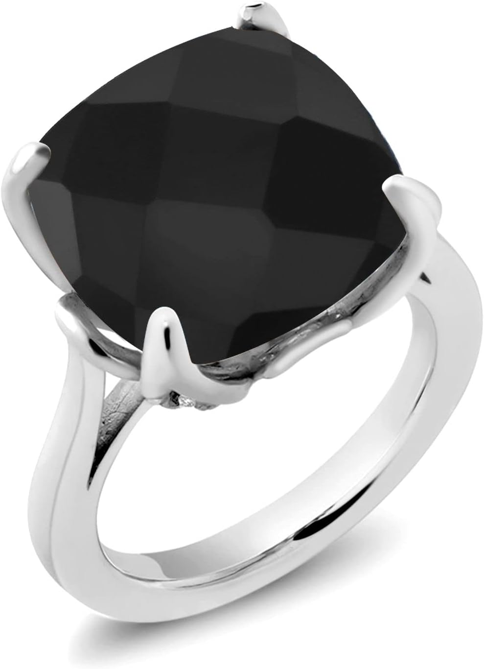 Gem Stone King 8.27 Cttw Black Onyx and White Created Sapphire Engagement Ring For Women | 925 Sterling Silver | 14MM Cushion Checkerboard | Wedding Engagement Anniversary Promise Ring