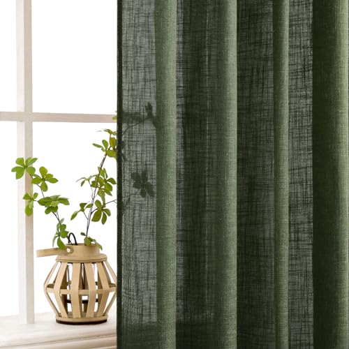 MIULEE Olive Green Linen Curtains 100 Inch Length 2 Panels for Bedroom Living Room, Soft Thick Linen Textured Window Drapes Semi Sheer Light Filtering Back Tab Rod Pocket Burlap Look Decor