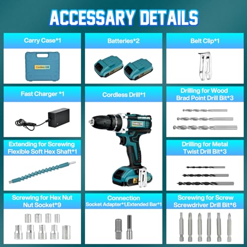 Household Hand-Held Bohrschrauber Set 21V: Akkubohrer mit 2 Akkus 2000mAh,45Nm Max Drill Set 25+3 Paar, 24 Stück Bohrer Akkuschrauber, 2 Geschwindigkeiten, Led-Licht für DIY Projekte(Bohrmaschinen) – Bild 7