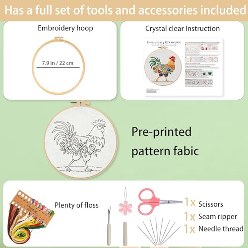 Image of Ohcol Embroidery Kit Cross Stitch Kits Needle Point Kits Beginner Adults Needlepoint Kits with Rooster Pattern & Hoop
