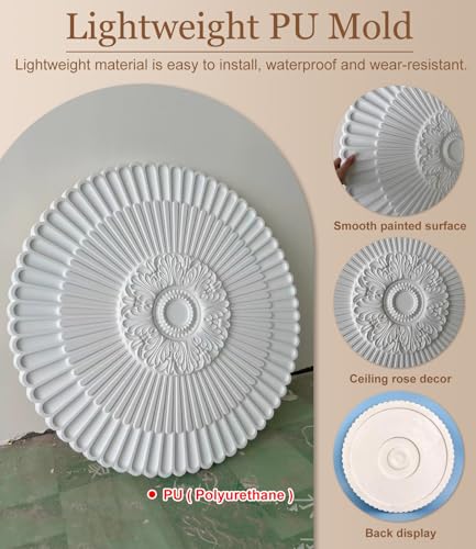Medallón decorativo de techo floral de 40 cm en poliuretano blanco para lámparas y ventiladores 6