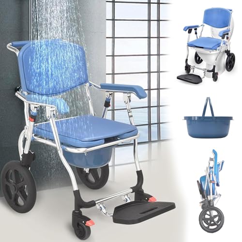 Klappbar Badezimmerrollstühle Duschstuhl Mit Rollen Klappbar Wc Stuhl Mit Herausnehmbarer Eimertoilettenstuhl Mit Rollen Für Senioren 150kg Fahrbarer Toilettenstühle (Geeignet für Türbreiten > 63 cm)