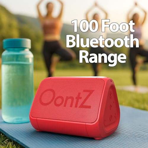 Image of OontZ Angle Solo Compact Bluetooth Speaker, 14-Hour Playtime, Red | Compact 5W Bluetooth speaker with clear sound, 100-ft range, IPX5, mic, AUX Input and USB-C Charging Cable.