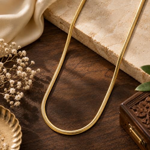 Image of Men's Gold Snake Chain Necklace - Flat Snake Link Chain for Men, Stainless Steel Gold Plated Jewelry, Smooth Flexible Design, Premium Fashion Chain