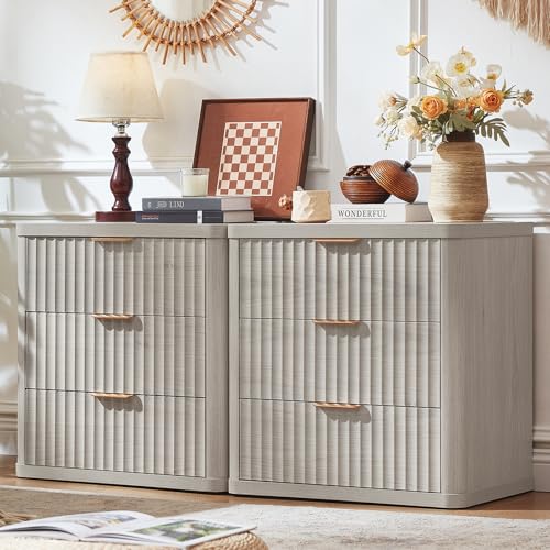 Image of LEYAOYAO 23 inch Wide Fluted Farmhouse Night Stand Set of 2 with Charging Station, 3 Drawers Large End Table w /Metal Handle, LightGrey Nightstand Bedside Table,Wood Dresser for Bedroom, Closet