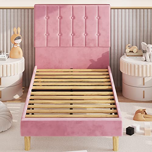 Likimio Twin Bed Frames, Velvet Upholstered Platform Bed Frame With Headboard And Strong Wooden Slats, No Box Spring Needed/Noise-Free/Easy Assembly, Pink #TOP4