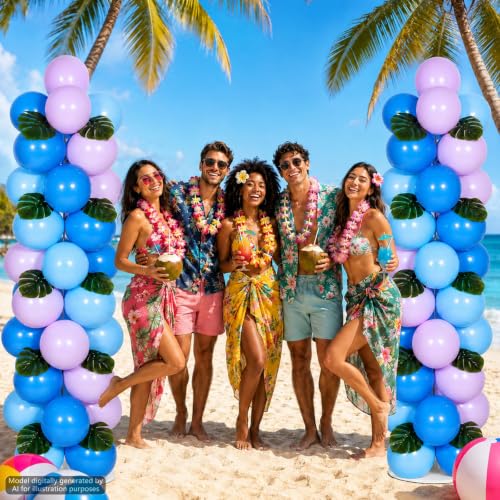 Image of 2 Sets Blue Purple Balloon Column Stand Kit with 99 Blue Purple Foil Balloons 10 Palm Leaf 5.57ft Adjustable Balloon Tower Stand with Bases Adjustable Arch Column for Tropical Birthday Party Decor