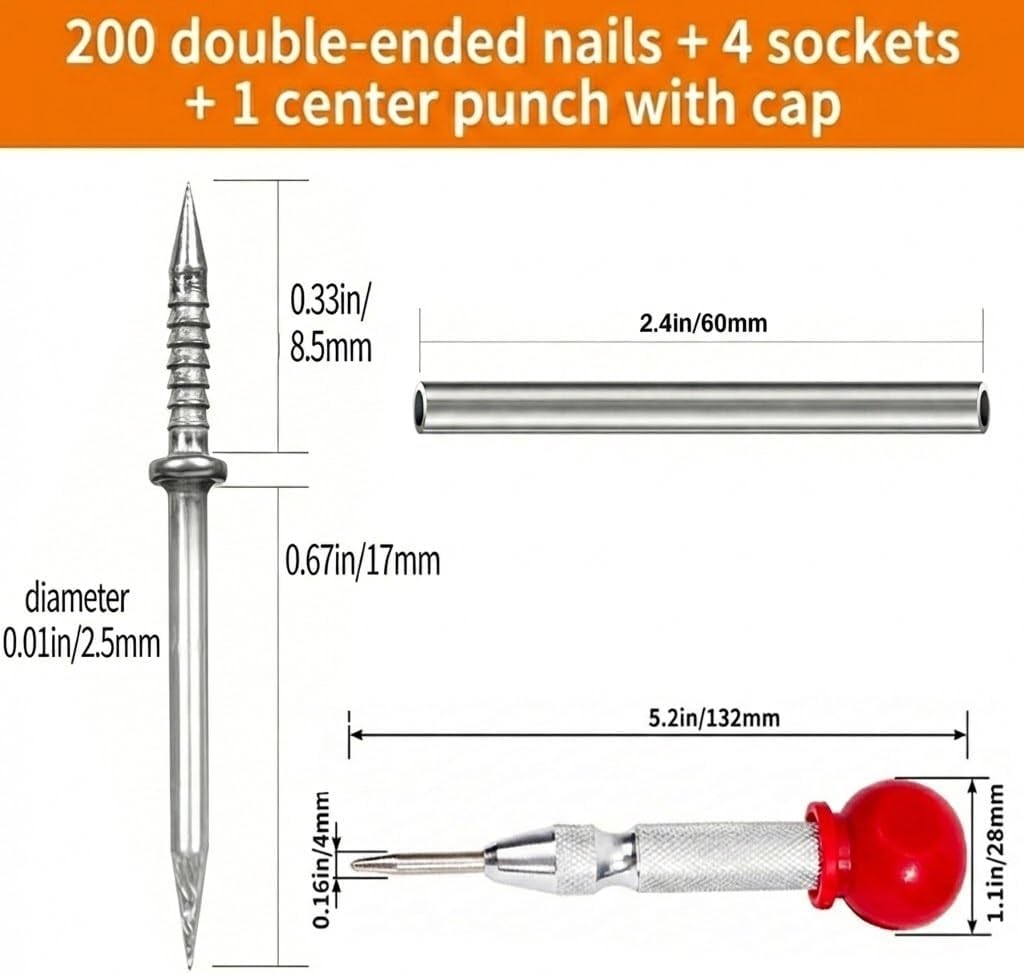 200PCS Double-Headed Baseboard Nails Kit with 4 Sleeves & Center Punch, Invisible Trim Fasteners, Seamless Finish Nails for Baseboards, Molding, Wall Panels & Wood Installation
