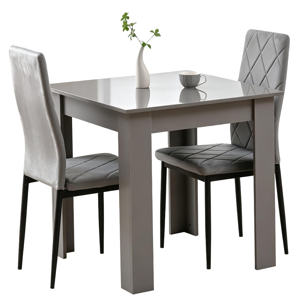 Rainbow Tree Modern 3 Piece Dining Room Table and Chairs Set, Wooden Square Table with 2 Chairs for Small Space Apartment Space Saving (Grey Table+2 Grey Argyle Velvet Chair)