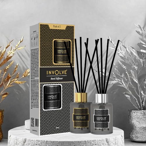 Image of Involve your senses Wood Elegance Reed Diffuser Set- Golden Musk Glory and Silver Aqua - 120 ml|Oil Diffuser with Free 10 Reed Sticks|Room Freshener for Home, Bedroom|Gifts Set (Pack of 2)
