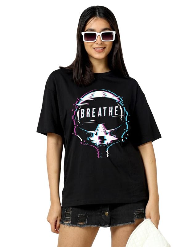 Image of JUNEBERRY Pure Cotton Oversized Fit Drop Shoulder Stylish & Front & Back Graphic Printed Round Neck T-Shirt Combo for Women (Pack of 2)