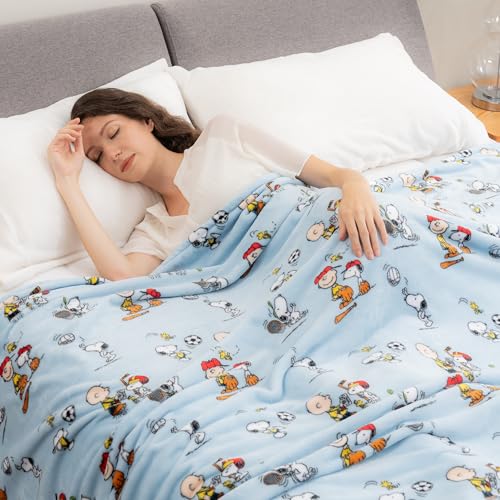 Image of Berkshire Blanket Peanuts VelvetLoft Cute Character Snoopy Plush Blanket,Snoopy the Athlete Closed in Blue,Full /Queen 90 in x 90 in (Official Peanuts Product)