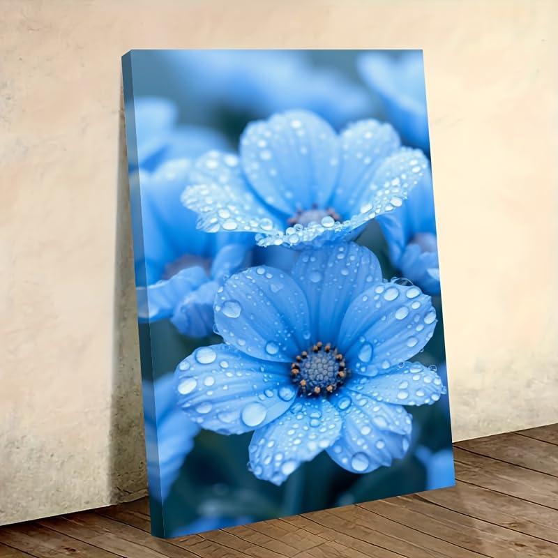 Cuadro en lienzo con flores azules y gotas de rocío de 50x70cm para decoración de salón moderno sin marco