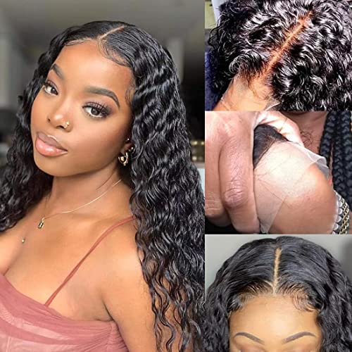 DONG H hair Water Wave Human Hair Wigs Brazilian Curly Lace Front Wigs Human Hair Glueless Curly Wigs Human Hair Pre Plucked with Baby Hair T Part Human Hair Wigs for Black Women wet and wavy wig 16 inch
