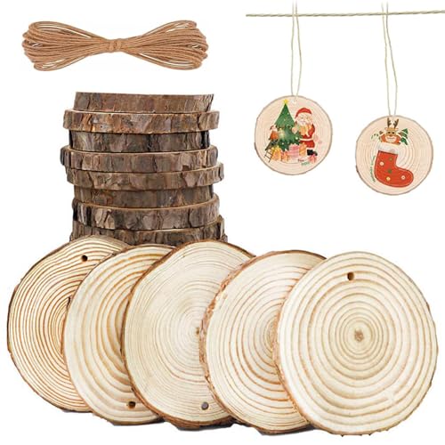 30Pcs Natural Wood Slices 7-8cm Unfinished Wood kit Wood Craft Kit Drilled Wood Discs Predrilled Log Slices with 5m Jute Rope for Christmas Wedding Decoration Thick 0.5 cm