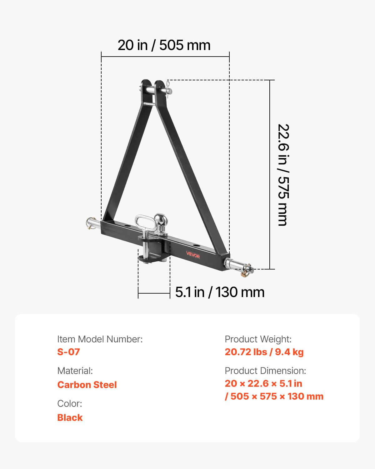 VEVOR 3-Punkt-Anhängerkupplung mit 1-7/8 Zoll Empfänger, 3-Punktaufnahme, 2721 kg, Traktor-Anhängerkupplungsadapter, kompatibel mit Kubota, Mahindra, John Deere, Massey Ferguson, 505x575x130mm