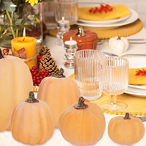 Image of Winlyn 7 Pcs Assorted Sizes Artificial Fall Pumpkins Faux Orange Decorative Foam Pumpkins for Gifts Fall Baby Shower Wedding Thanksgiving Halloween Table Centerpiece Mantel Decor