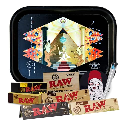 THE BOAT Regalo para Fumadores Bandeja para Liar Rick y Morty 25 x 19 cm + Papel Raw Organic, Black y Classic King Size + Tips + Pegatinas + Portacigarros – Producto Oficial
