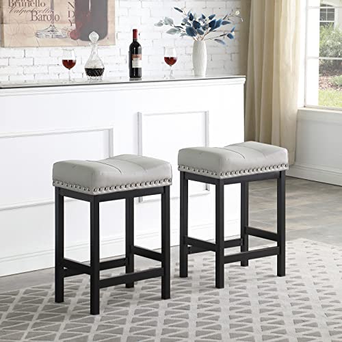 Oulluo Black Bar Stools Set Of 2, 24" Counter Height Bar Stools, Pu Leather Bar Stools For Kitchen Counter, Modern Metal Base Padded Saddle Barstool With Nailhead Trim Stools For Island,Grey,918Gb #TOP4
