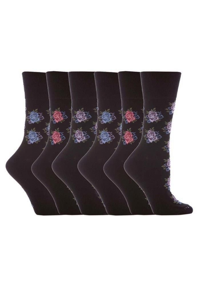 Sock Shop6 Pairs Womens Sockshop Cotton Gentle grip socks 4-8 uk,37-42 eu, Flowers (Black (GG32))