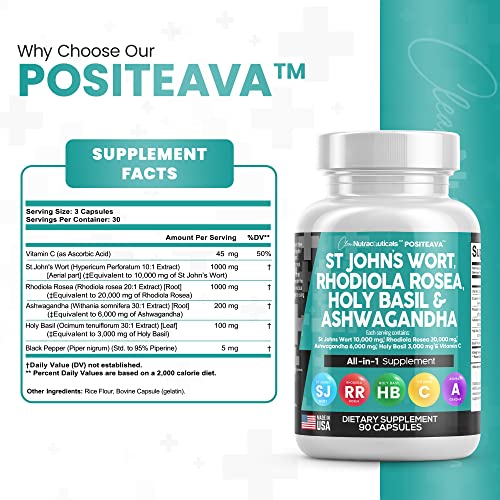 Clean Nutraceuticals St Johns Wort 10000mg Rhodiola Rosea 20000mg Holy Basil 3000mg Ashwagandha 6000mg - Mood Support for Women and Men with Vitamin C & Black Pepper Extract - Made in USA 90 Caps - Image 5