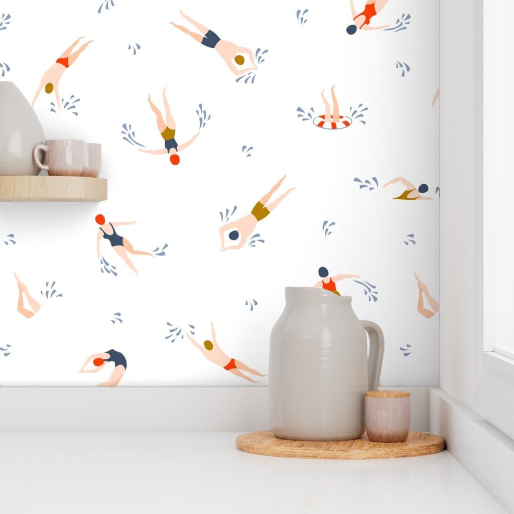 Peel & Stick Wallpaper Swatch - Cute Swimmers White Light Swimming Hand Drawn Custom Removable Wallpaper by Spoonflower