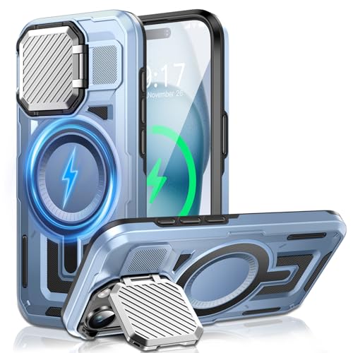 WASTROYAL Camera Stand Case for iPhone 15, [Compatible with MagSafe] [Lens Cover] 2024 Version Military Grade Protective Soft Case for iPhone 15 6.1 inch Men Women, Blue