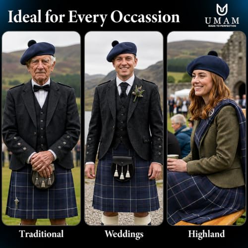Image of Scottish Tam O' Shanter Hat Tartan Bonnet Pom Pom Wool Flat Cap One Size