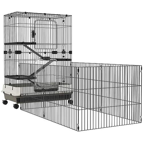 PawHut Cage pour Petits Animaux roulante 3 Plates-Formes démontables 3 rampes Plateau inférieur Amovible métal PP 182 x 81 x 114 cm Noir