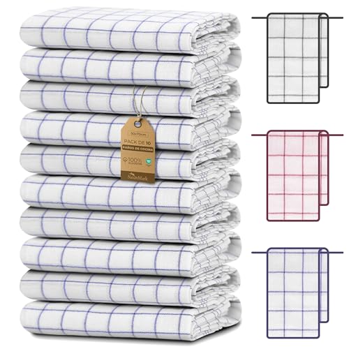 NatureMark Set de 10 paños de Cocina 50x70 cm – 100% algodón, absorbentes y Resistentes – Paños de Cocina para Uso doméstico y Profesional, Incluye E-Book, Color: Azul Real